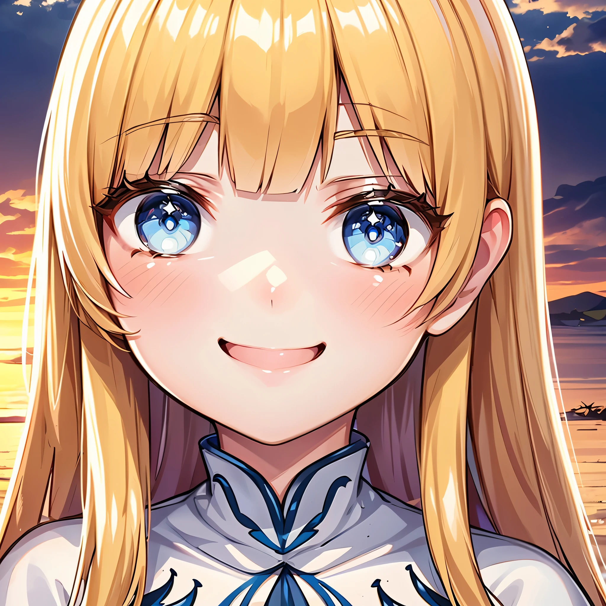 Best picture quality, 4k, Masterpiece, young girl, white historical coat, Greece, High quality, Highly detailed, HD, 4k, anime style, best quality, high resolution, unity wallpaper 8k, illustration, perfect light, Very detailed CG, Beautifully detailed eyes, Very detailed face, delicate facial features, 1 girl, Calcutta, blonde hair, My hair is very long., white crown, The crown on her head, white dress, blue eyes, Medium bust, holy kingdom background, white castle, White fence, dignified posture, Whitening & gentle skin, young, Smiling happily at the audience, cute feeling, Blush, Excellent posture, Orange sky and white clouds, sunset, White Rose