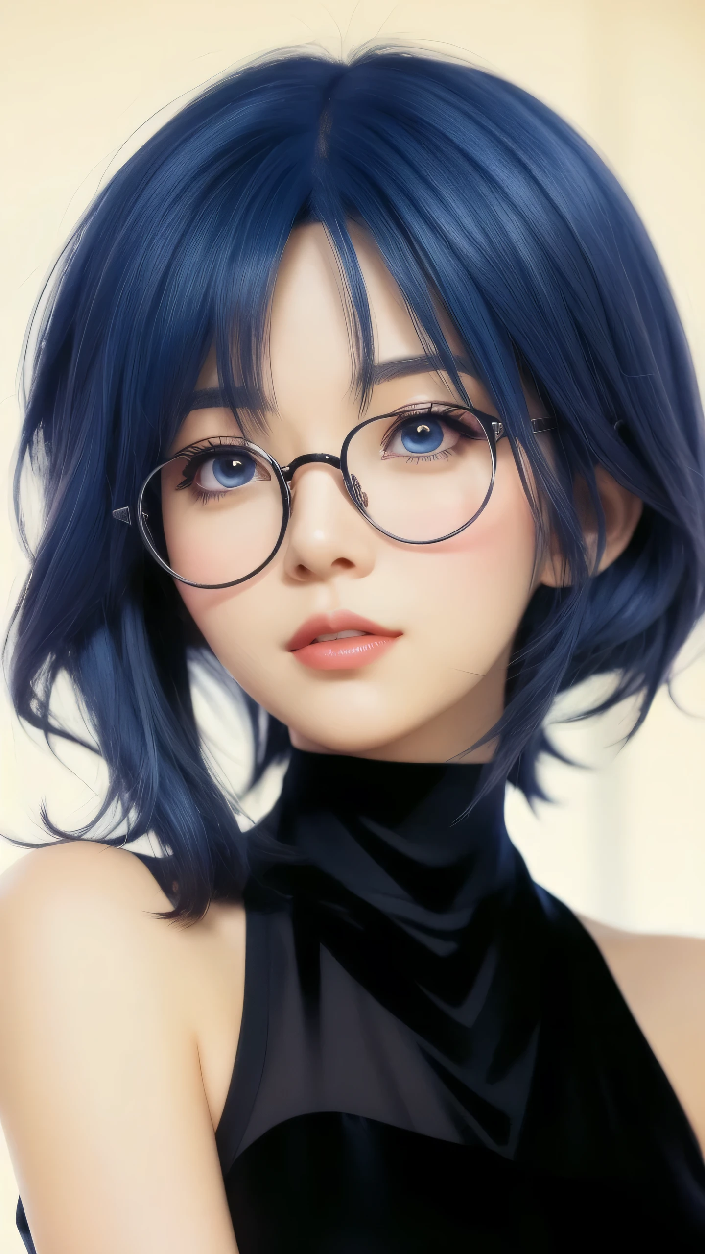 a close up of a person with glasses and a black top, 2 d anime style, anime moe artstyle, 2 d anime, with glasses, short blue haired woman, in an anime style, anime styled, anime visual of a cute girl, in anime style, portrait of an anime girl, anime style portrait, with glasses on, anime visual style