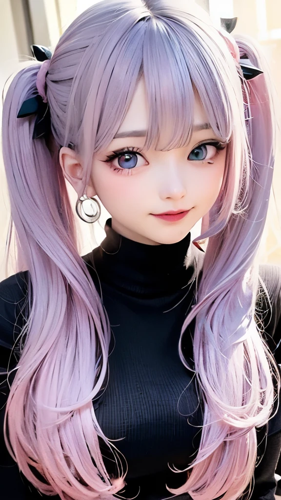 The arrival of autumn、small face、 (alone:1.5,)Super detailed,明るいcolor, very beautiful detailed anime face and eyes, look straight,  shiny_skin,girl, (((虹colorの髪, colorful hair, Half blue、half pink hair: 1.2))), 、shiny hair, delicate beautiful face, blush、Glasses、(turquoise eyes), , Valletta, earrings,、sunset、forest road、((turtleneck、checked mini skirt,)))、（twin tails）、smile、happy face、face dyed red、color々pose、Head to toe full body portrait、（I can see the whole body）