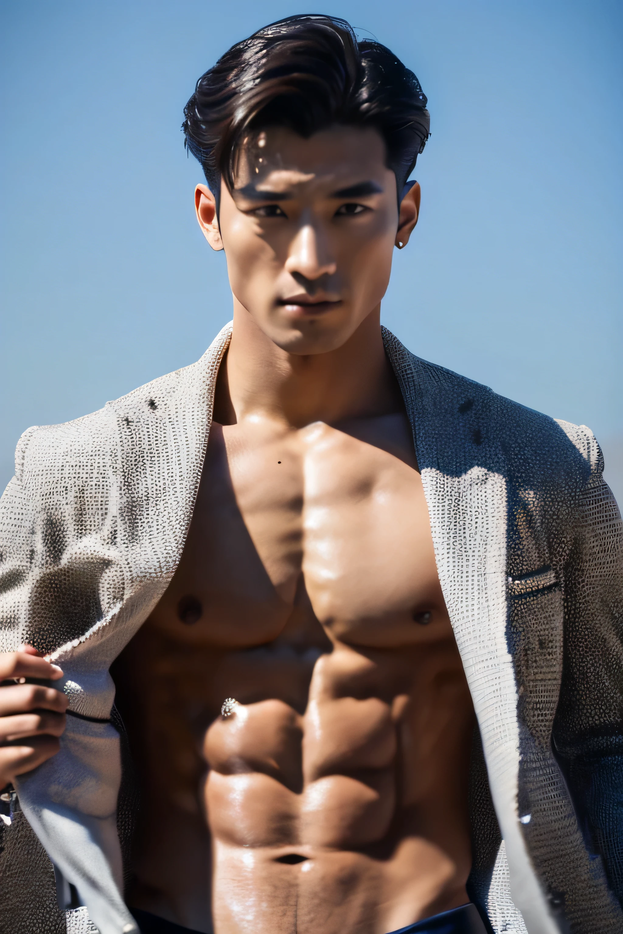 ((highest quality, 8K, masterpiece:1.3)), sharp:1.2, A man with a muscular body, Korean,abs, double eyelid,Topless suit,His abs are visible through his suit,Look at the camera from the front