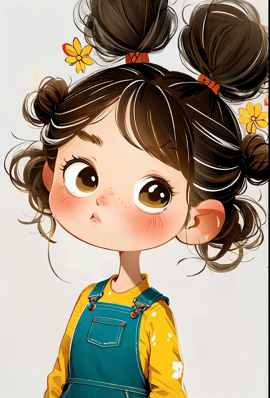 (masterpiece, best quality:1.2), number，cartoonish character design。1 girl, alone，big eyes，Cute expression，1 bun，Floral shirt，Overalls，hand，avatar，portrait，interesting，interesting，clean lines，Human anatomy is correct
