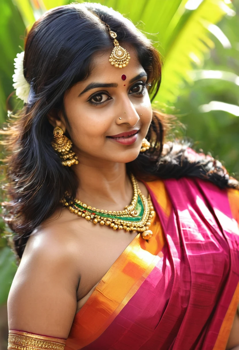 day scene, extreme close up photo of seductive indian model from top view wearing semi red crop top with big breast, big cheeks, red Hollywood lips, squatting near shrub in a garden, hourglass figure, armpits, (long loose silky natural reddish black hair on air),(blue eyes:1), ponytail, necklace, 30 yo, look at viewer and smile,forest background , realistic human skin. 