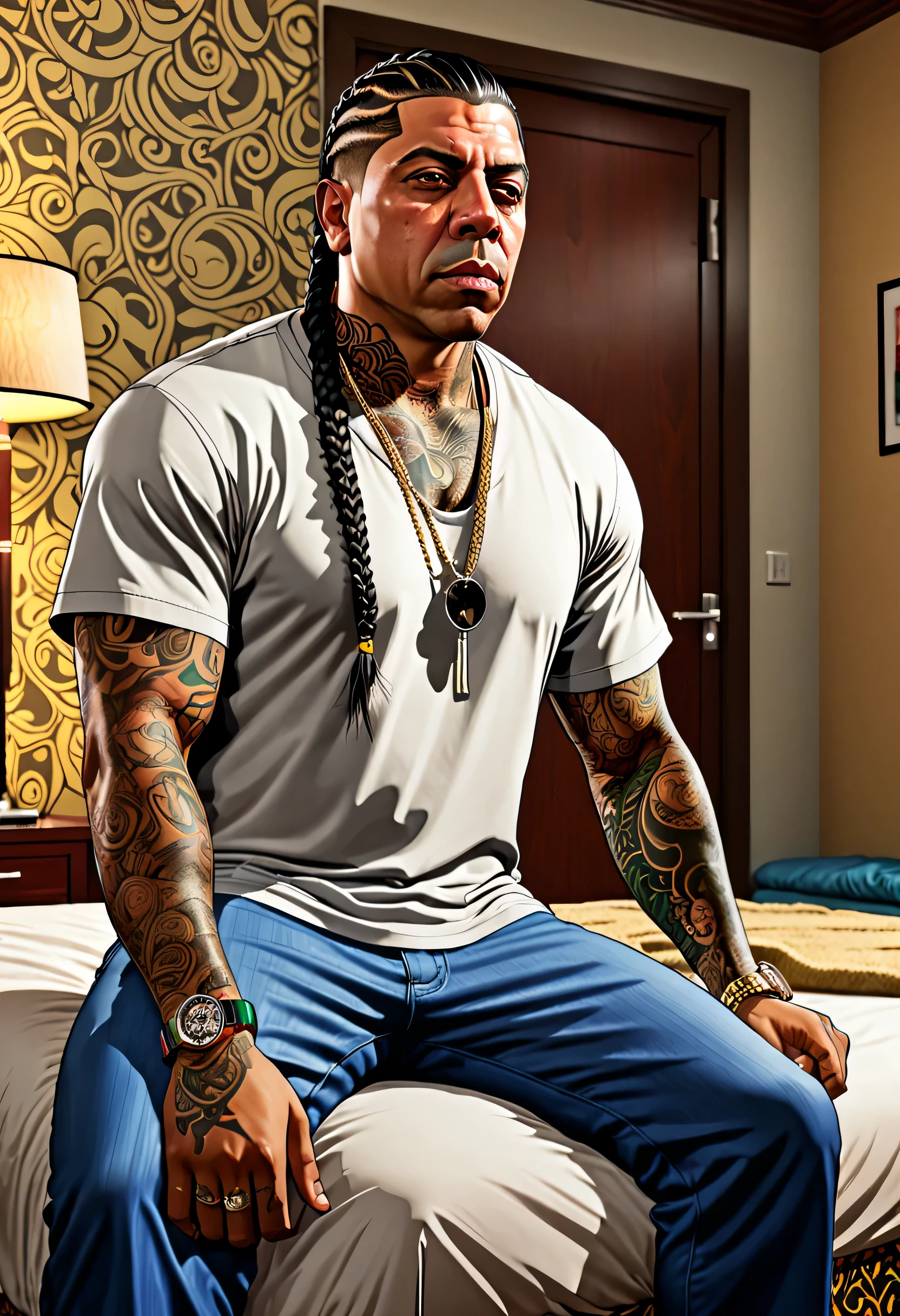 GTA art style, Benzino in a cheap hotel room, door of the room is open, benzino is sitting on a cheap bed, his hair is braided, comic book style epic realistic, foto, desbotado, cores neutras, hdr, cores mudas, cena intrincada, artstation, detalhes intrincados, vinheta, detailed, detailed face, intricate, vivid colors