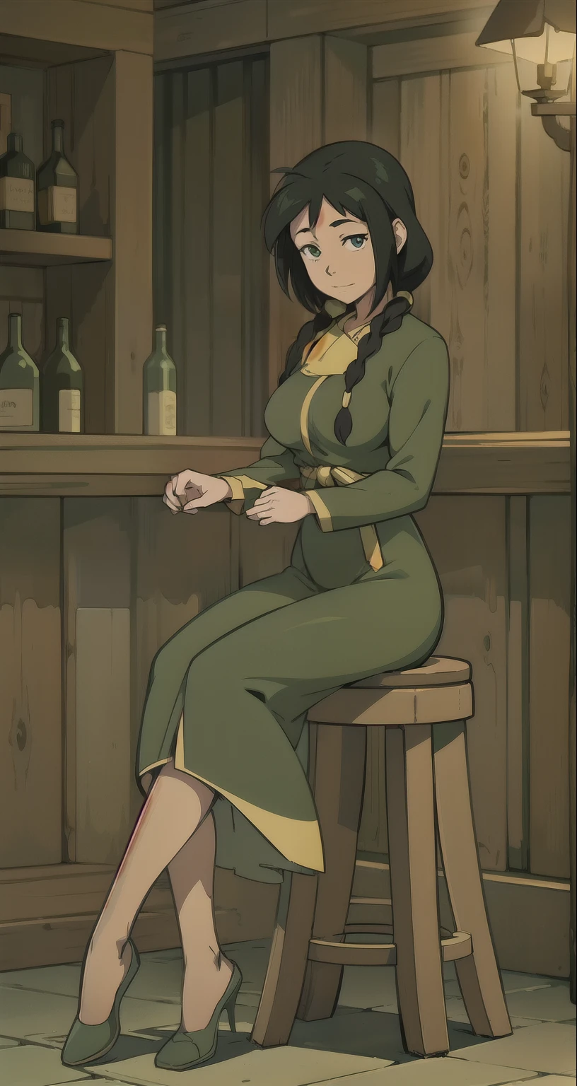 { masterpiece : best quality : high resolution : unity 8k wallpaper : illustration } { Background = inside an old dark bar } { braided hair : perfect slender body : perfect snall shape breast : green dress : shy : sitting on stool }