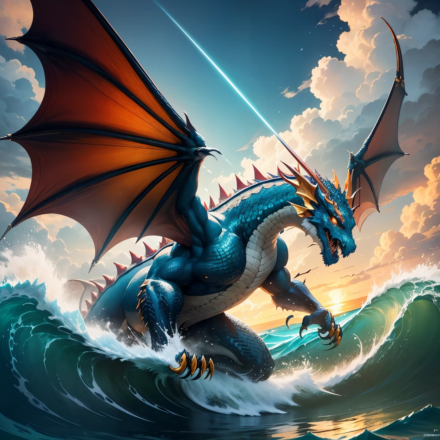 In a breathtaking display of power and grace, a magnificent dragon rides the crest of a colossal wave. With scales as iridescent as polished emeralds and wings spread wide, it defies gravity as it glides effortlessly across the shimmering azure waters. The dragon's fiery breath intertwines with the crashing surf, creating a fiery spectacle that paints the sky with vibrant hues of orange and gold. As the dragon carves through the water with impeccable precision, its fierce gaze pierces through the horizon, as if daring any onlookers to challenge its dominion over the vast, untamed ocean. The air is electrified with a sense of awe and admiration, as all bear witness to the surfing dragon, an embodiment of raw power and bound