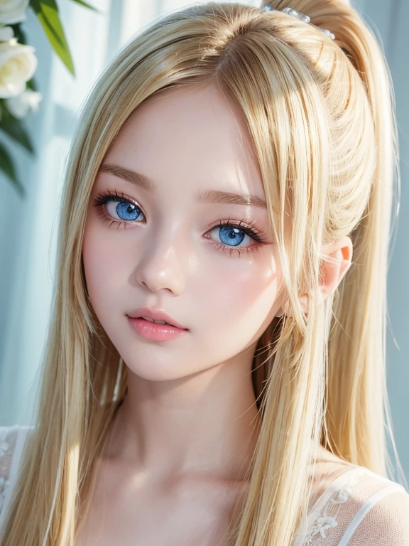 Portrait、、bright look、ponytail、young shiny glossy white shiny skin、cheek highlights、best looks、For crystal clear blonde hair、Dazzling golden highlights、shiny bright hair,、Super long smooth straight hair、Shining beautiful bangs、Big pale blue eyes like sparkling jewels、Very beautiful and cute cute 15 year old beautiful girl、small bust