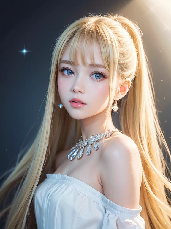 Portrait、、bright look、ponytail、young shiny glossy white shiny skin、cheek highlights、best looks、For crystal clear blonde hair、Dazzling golden highlights、shiny bright hair,、Super long smooth straight hair、Shining beautiful bangs、Big pale blue eyes like sparkling jewels、Very beautiful and cute cute 15 year old beautiful girl、small bust