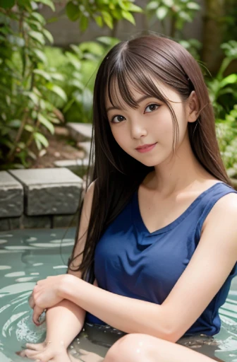 best quality, detailed, beautiful, insanely detailed, absurdres,perfect anatomy,
Japanese woman,black hair,27 years old,
(slender),
(small breasts best quality),
nsfw,(pubic hair:1.5),(full body shot), hot spring, glad, cheerful grin, sitting, center part, camouflage t-shirt, blue mini skirt, in the hot spring, Scene of soaking in a footbath at a hot spring,from front
