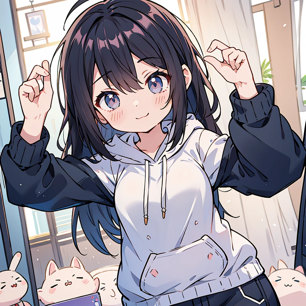 anime,manga,1 girl,、alone, shy、cute atmosphere、black eye,, long sleeve, bangs,, raise your arms, Upper body, , looking at the viewer,, hair between eyes, puffy long sleeve, hoodie,,wallet, blush,, Virtual YouTuber, sleeves go above the wrist, smile,room wear、Facing in different directions、They have various expressions、various poses。