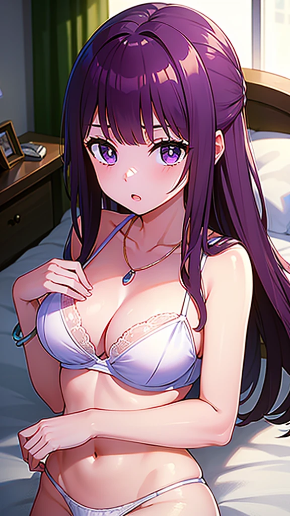 masterpiece, best quality, 1 solo girl, purple hair, purple eyes, long hair, medium breasts, sexy body and face, wavy hair, white bra, white panty, jewelry, bracelet, necklace, night, cowboy shots, detailed body, face, and eyes, sharp focus, vibrant, creative, dynamic, high definition, high resolution, 8k, (Upscale: R-ESRGAN 4x+ Anime6mage enchance:4x), voluptuous body, lying at the bed,