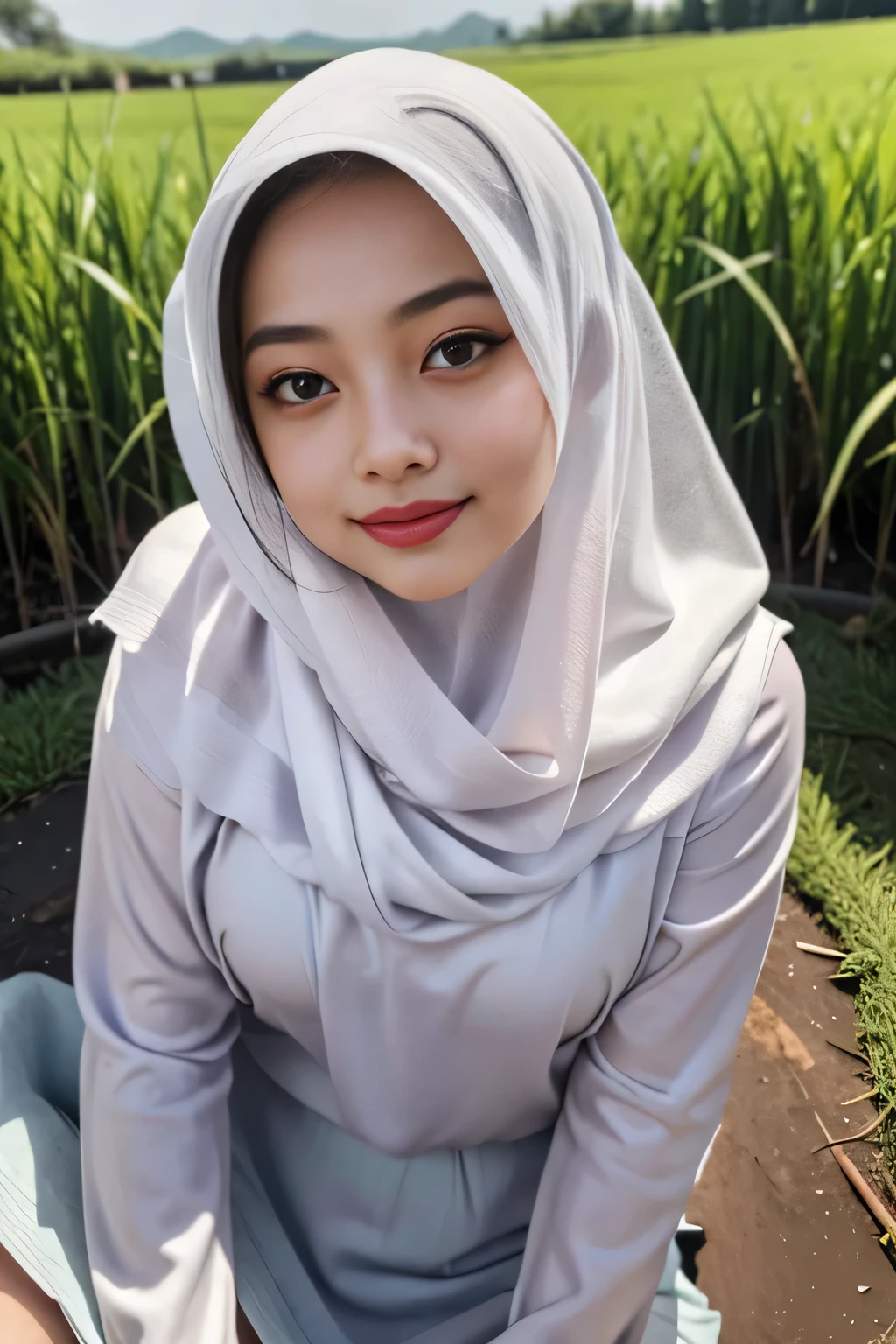 A beauty woman with hijab lying on the muddy paddy rice field, wearing a bra, mini skirt, with a wet body soaked, and a huge breast. The woman's face is glowing and covered in sweat, with an enchanting smile. Her eyes are sparkling and beautiful, with long and thick eyelashes. Her nose is elegant and perfectly shaped, adding to her overall charm. Her lips are full and seductive, with a natural pink color. 

The paddy rice field is full of lush and vibrant green plants, providing a serene and peaceful backdrop. The muddy ground contrasts with the woman's clean and delicate appearance, adding a sense of rawness and sensuality to the scene. The muddy soil sticks to her wet body, creating interesting textures and patterns on her skin.

The woman's hijab is flowing in the wind, partially covering her face and adding a touch of mystery to her presence. The hijab is of a vibrant color, contrasting with the surroundings and making her stand out even more. The fabric gracefully drapes around her body, accentuating her curves and femininity.

The image quality is of the highest standard, with sharp details and vivid colors. Every aspect of the woman's appearance is captured with ultra-detailed precision. The image is realistic and photorealistic, portraying the woman and the surrounding environment with accuracy and depth.

The overall artistic style of the image is a combination of a realistic portrait and a hint of fantasy. It captures the beauty of the woman while maintaining a touch of elegance and grace. The color palette is rich and vibrant, with a focus on warm hues that accentuate the woman's features.

The lighting in the image is soft and natural, creating a warm and inviting atmosphere. The sunlight filters through the surrounding plants, casting gentle shadows on the woman's face and body. The overall lighting adds depth and highlights the contours of her form.

This prompt aims to capture the allure and beauty of a woman in a unique and visually captivating setti