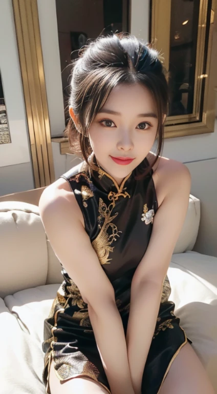 (lively),(playful),(chai pao),(Colorful prints),(energetic pose),(bob haircut),(accessories: flower),(bright look),(dynamic movement)、(real 8k, Raw photo, realistic: 1.25), (lip gloss, eyelash, shiny face, shiny skin, highest quality, ultra high resolution, Depth of written boundary, chromatic aberration, caustics, wide range lighting, natural shading, K-POPアイドル) 、21 years old、7 Beautiful Women、thin, muscular, perfect body、small breasts、((Shiny black and gold patterned cheongsam, Extremely mini sexy design outfit))、((Slightly larger sexy thighs stick out))、((Black and gold arabesque holographic sexy cheongsam))、(Sleeveless Chinese dress that clearly shows cleavage)、(The background is sitting on a sofa in a luxury hotel lobby。.)、(Protruding thighs、Her eyes are big and very attractive)
