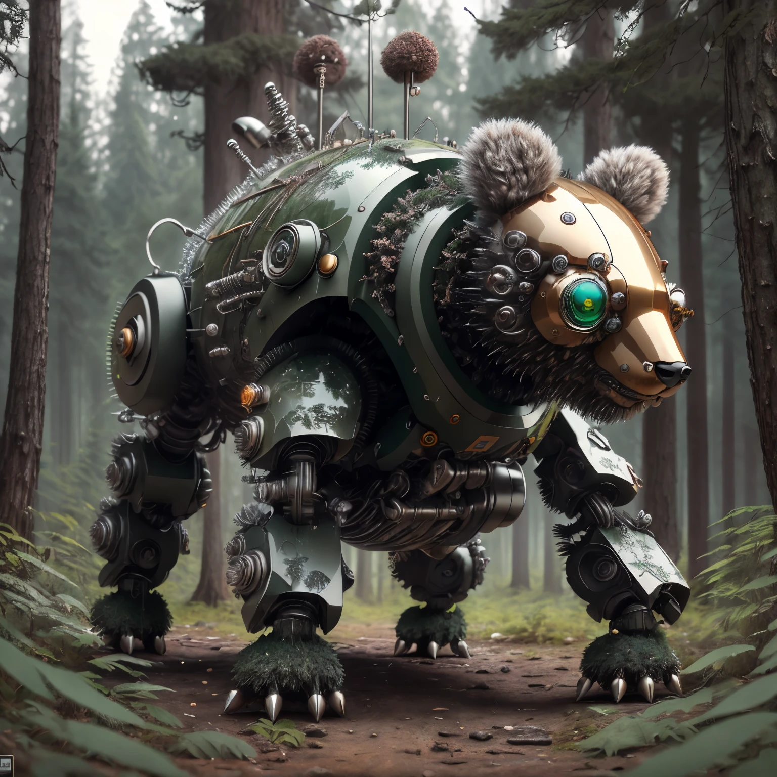 (最high quality, masterpiece, high detail), (8K, high quality, surreal), Baby bear cyborg Mech4nim4lAI, (forest), 