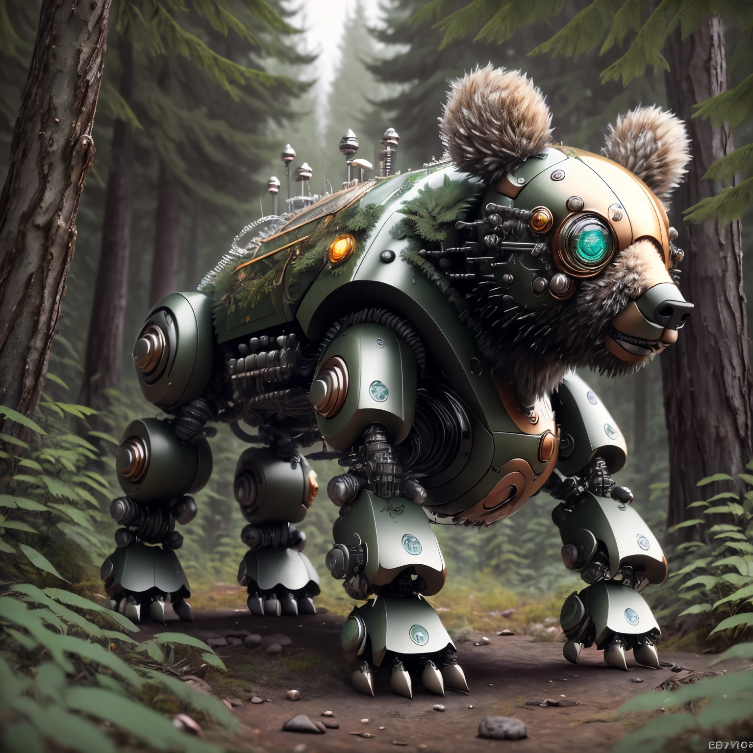 (最high quality, masterpiece, high detail), (8K, high quality, surreal), Baby bear cyborg Mech4nim4lAI, (forest), 