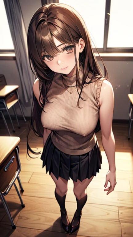 8K,(masterpiece:1.2, highest quality), realistic, detailed eyes,beautiful anime woman, (natural lighting), NSFW:1.0, (looking at the camera), (full body, Front view), (panty shot), 1 girl, Japanese,22 years old, female teacher,Slender body type,well-shaped chest, perfect face, Cute symmetrical face, shiny skin, (long hair, straight hair, light brown hair), asymmetrical bangs, (gold eyes), long eyelash, (medium breasts), thin, beautiful hair, beautiful face, (detailed and beautiful eyes), beautiful clavicle, beautiful body, beautiful breasts, beautiful thighs, beautiful feet, beautiful fingers, lace panties, ((Brown sleeveless high neck sweater, black tight mini skirt)),((no pleats skirt)), (beautiful scenery), evening, (school classroom), Are standing,Wearing black high heels, (embarrassing, upper eye, close your mouth),