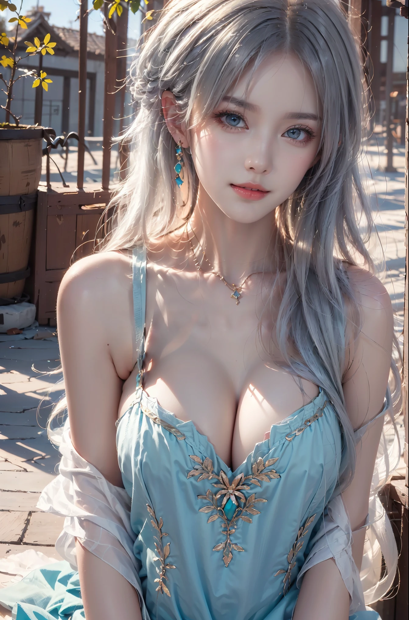 ((Bare shoulder)), cleavage, large breasts, , (knee shot), (Surreal), (illustration), (Resolution enhancement), (8k), (Very detailed), (Best illustration), (Beautiful and delicate eyes), (best quality), (Super detailed), (masterpiece ), ( wallpaper), (Detailed face),one blonde, curls,(High top fade in and out:1.3), (Smile brightly, bright look), dark theme, soothing tone, pastel colors, high contrast, (natural skin texture, Surrealism, soft light, Impatient),exposure blending, medium shot, Bokeh, (human development report:1.4), high contrast, (Movie, teal and orange:0.85), (pastel colors, fade, soothing tone:1.3), high saturation, (Super detailed:1.2),(big breasts :1.2)