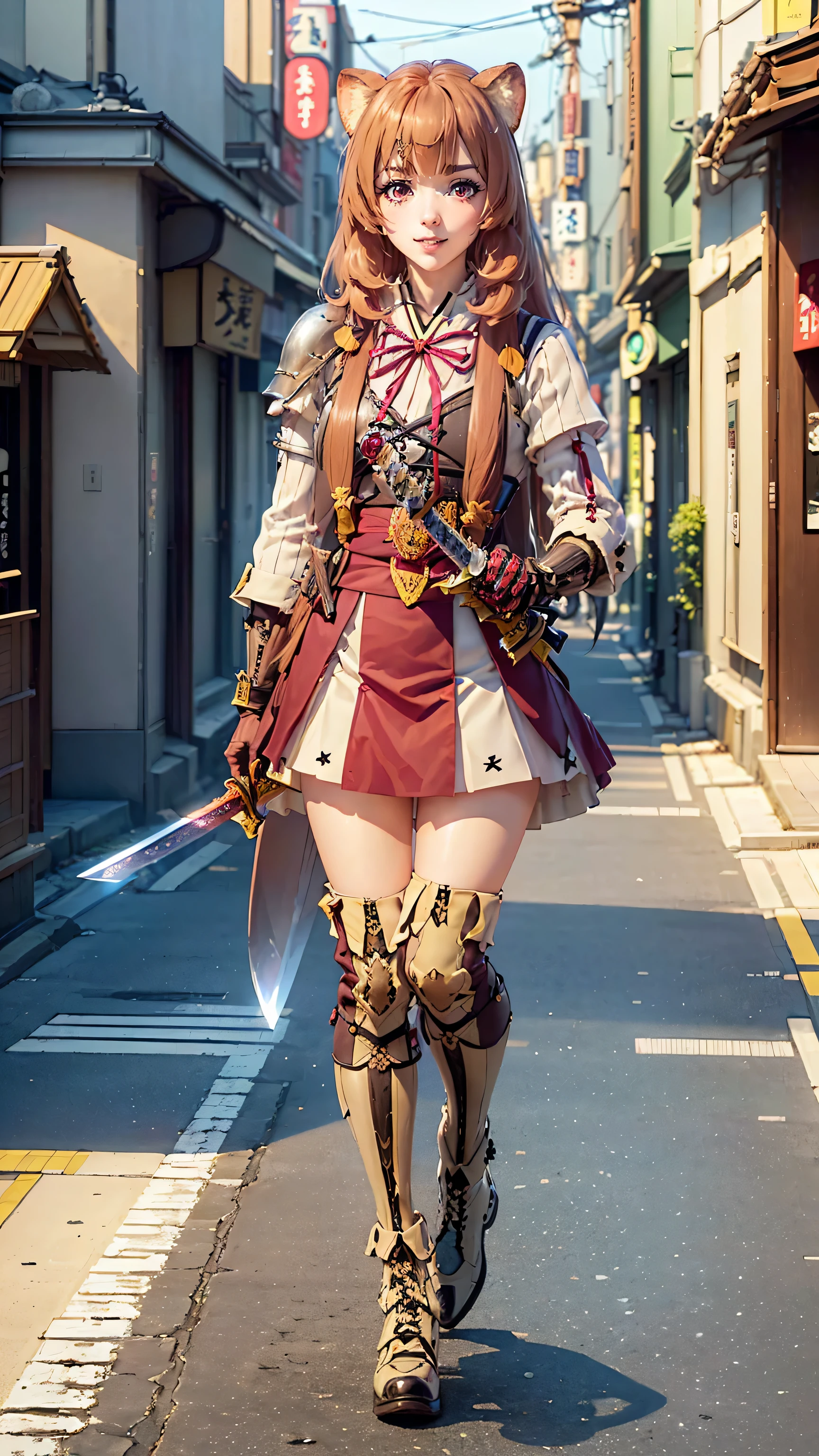  Raphtalia, brown hair, animal ears, red eyes,(Smiled face 1.8)(Smiling Face Eyes 1.8)happy face、fun face、Drawing moving hands and feet、wear boots(Look at this:1.5)(full body shot:1.2)(Harajuku Takeshita Street:1.5), full body photo, convenience store,rotating car、car、Super Cub、Passer-by、(Distant view of modern Japanese cities:1.5)、(raise one&#39;long sword:1.8),(Assault rifle held horizontally:1.8)