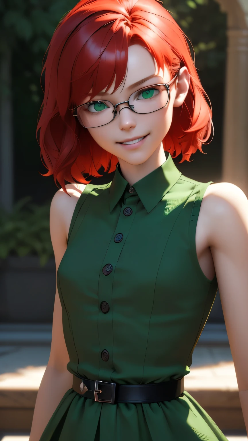 (ultra realistic, Best quality, masterpiece, perfect face) short, Red hair, green eyes, metal frame glasses smile, green shirt-dress with buttons, bare chest, cute , middle , flirting on camera. photorealism. unreal engine. 3D model. Ultra high quality textures. 8k resolution