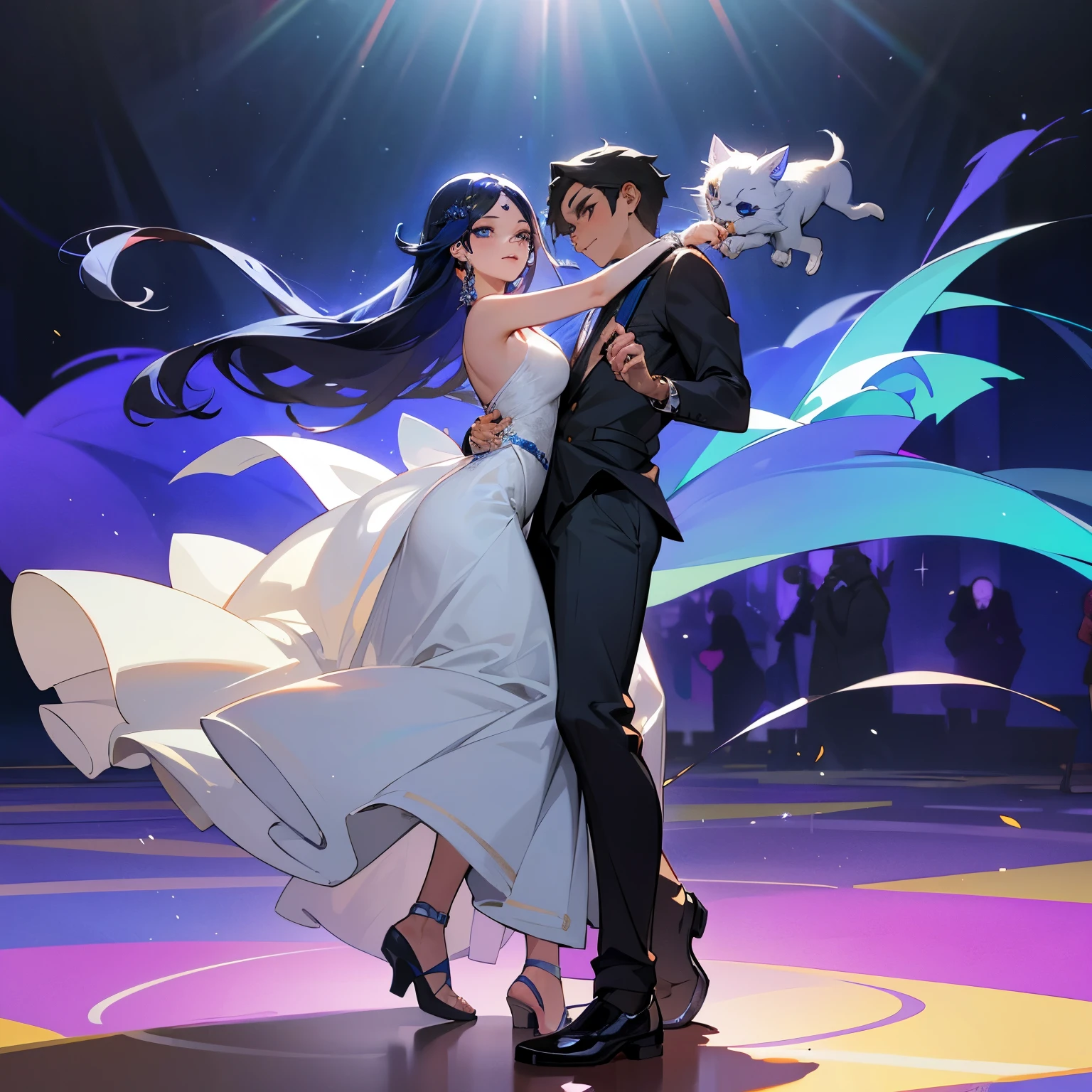 crie um avatar feminino, com cor de pela branca, cor dos olhos rosa, com um cabelo azul e preto longo, um estilo de roupa casual, com um gato como pet, and on a dance floor