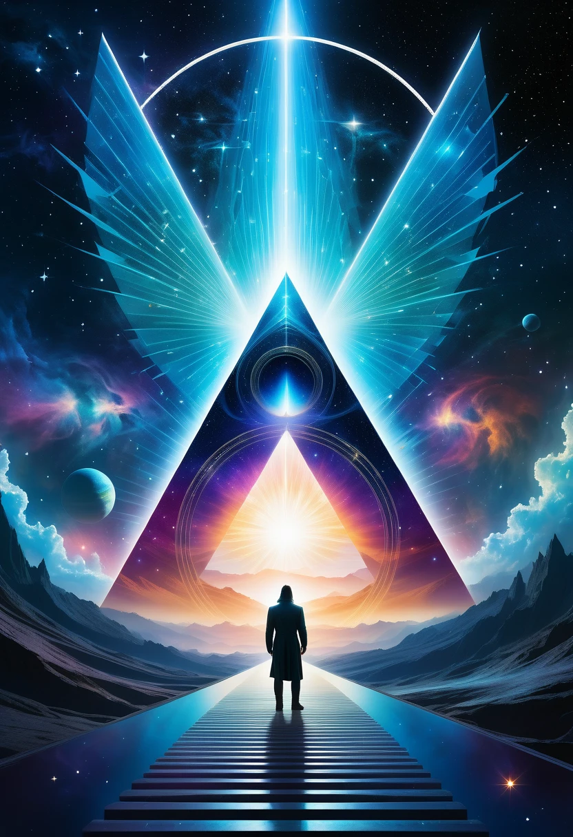 Giant triangle cybernetics，Magnificent cosmic starry sky background，Intricate illustration in surreal art style，surreal dream，Dubrec style，Transparent geometric shape close-up，（multiple exposure：1.8），A man standing at the entrance，Alphad&#39;s image with a star in the sky, Entering the ethereal realm, A gateway to another universe, The passage to the ethereal realm, artgem and beeple masterpiece, A stargate to another dimension, futuristic stargate, cosmic eye, Movie Bee, Jessica Rossier Fantasy Art