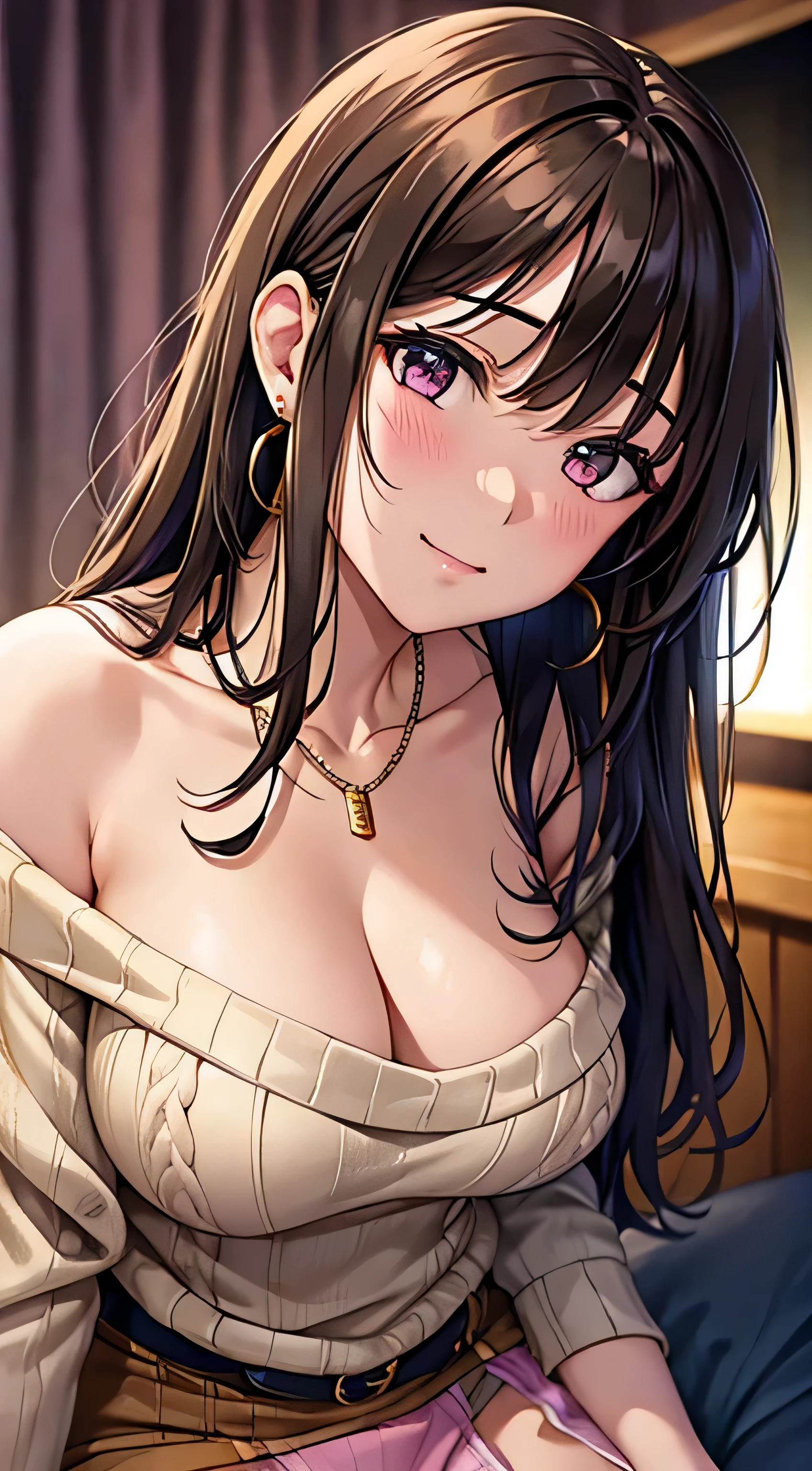 (table top, highest quality, High resolution, , perfect pixel, 4k,), 1 girl, single, alone, Beautiful woman、I could see the whole body、 ((wavy middle hair, bangs, brown hair)), ((brown eyes, beautiful eyelashes, realistic eyes)), ((detailed face, blush:1.2)), ((smooth texture:0.75, realistic texture:0.65, realistic:1.1, Anime CG style)), medium breasts, dynamic angle, perfect body, ((, beige off shoulder sweater、Tight denim skirt、black stockings、cute necklace、earrings、)), upper grade、shy smile、Luxury hotel room、sleep on your back in bed、((open legs))、angle from below、Put your arms together to accentuate your cleavage、、((Pink lace panties are visible))、