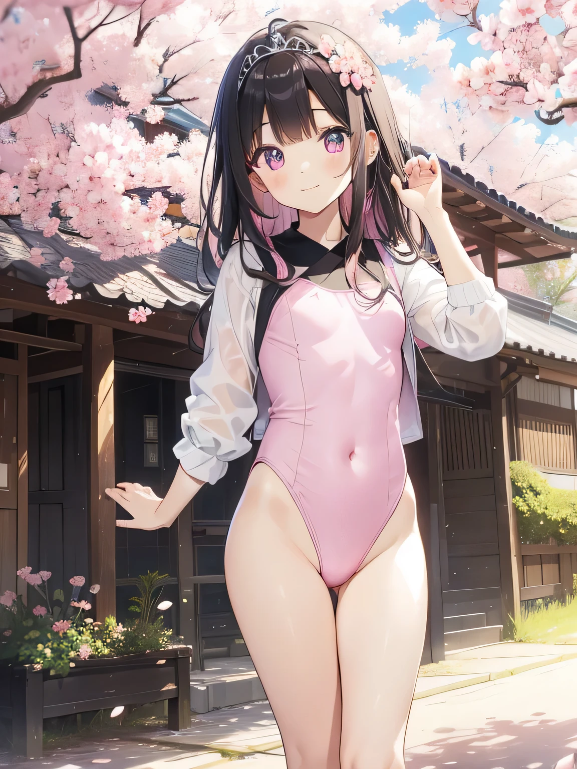 highest quality、Highest image quality、beautiful eyes、very delicate and beautiful、beautiful eyes、pink eyes、Soio、Soio、11 year old girl、Japanese、、Chiquita、Noble、primary school student、black hair、barefoot、(Judo)、(((The lower body is in a pink leotard)))、(High leg)、tiara on head、smile、Standing, facing forward、The background is a row of cherry blossom trees