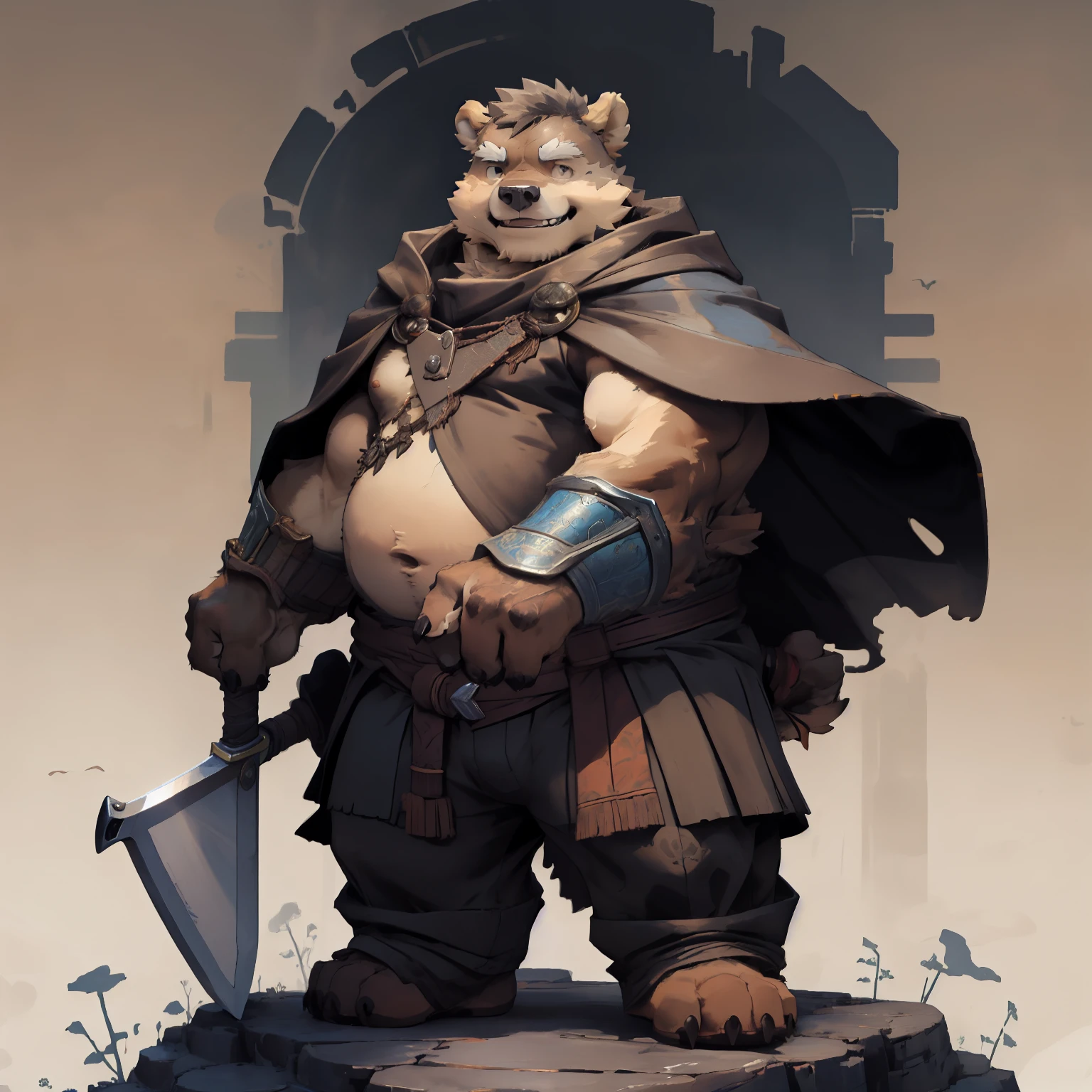 New Jersey 5 Hairy, Bear,Full body portrait of an individual,exquisite, chubby,Fat,thick arms,Rugged muscles,plush fur,thick eyebrows,Legend of Jianfeng,cloak,Great sword,Warriors Pants,stand,Smile