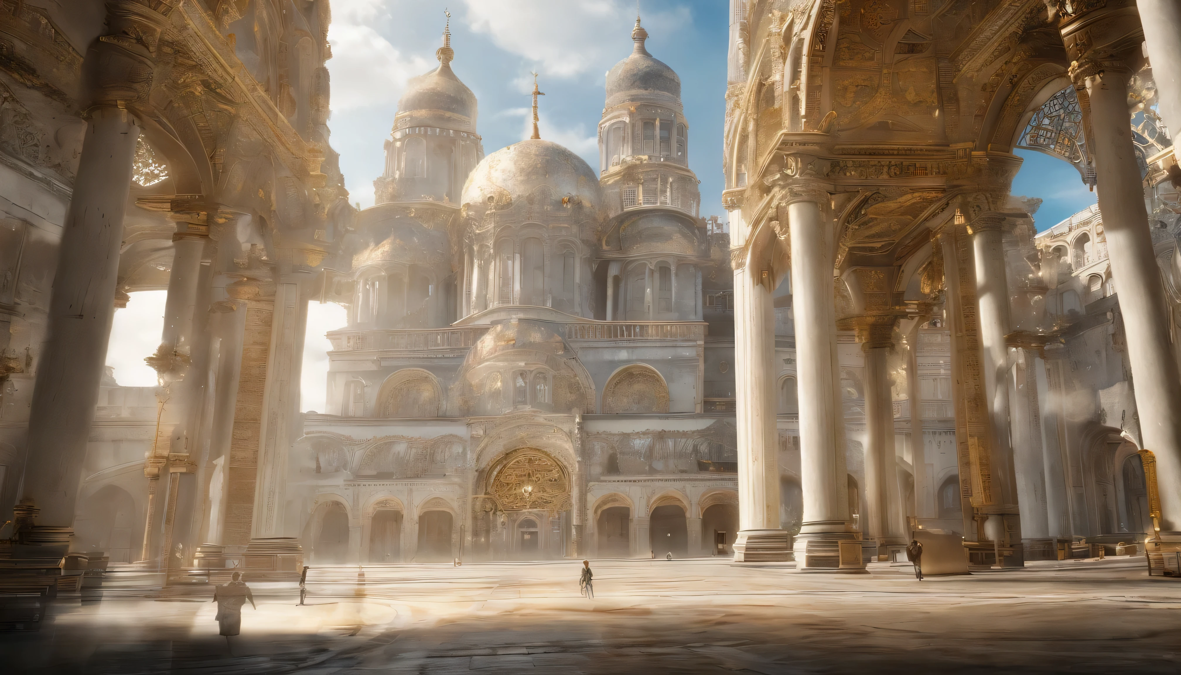 (Create stunning and spectacular environments:) from outside, It's a pure white, golden place., At its centre stands a magnificent sanctuary towering high into the sky..