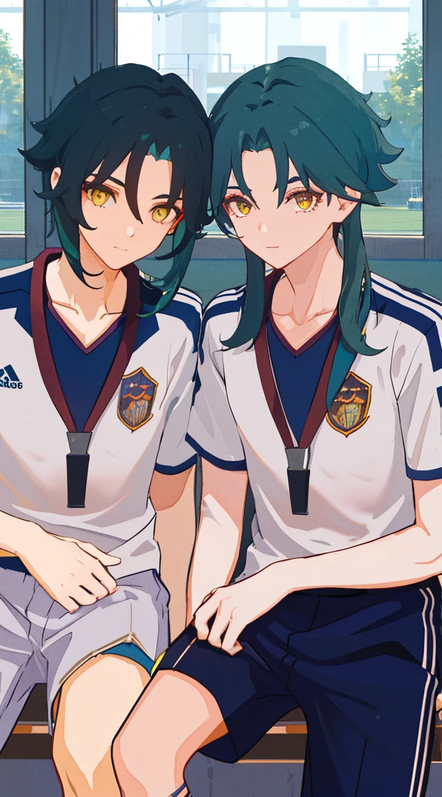 2 boys,dark green hair,highest quality,masterpiece,excessive,male focus,yellow eyes,beautiful eyes,beautiful boy,School,between men,Spouse,soccer club members,Blue soccer uniform,soccer,high school,soccer uniform,blue clothes,soccer court,teammates,same clothes,shoulder to shoulder,feminine,good friend,best image quality,