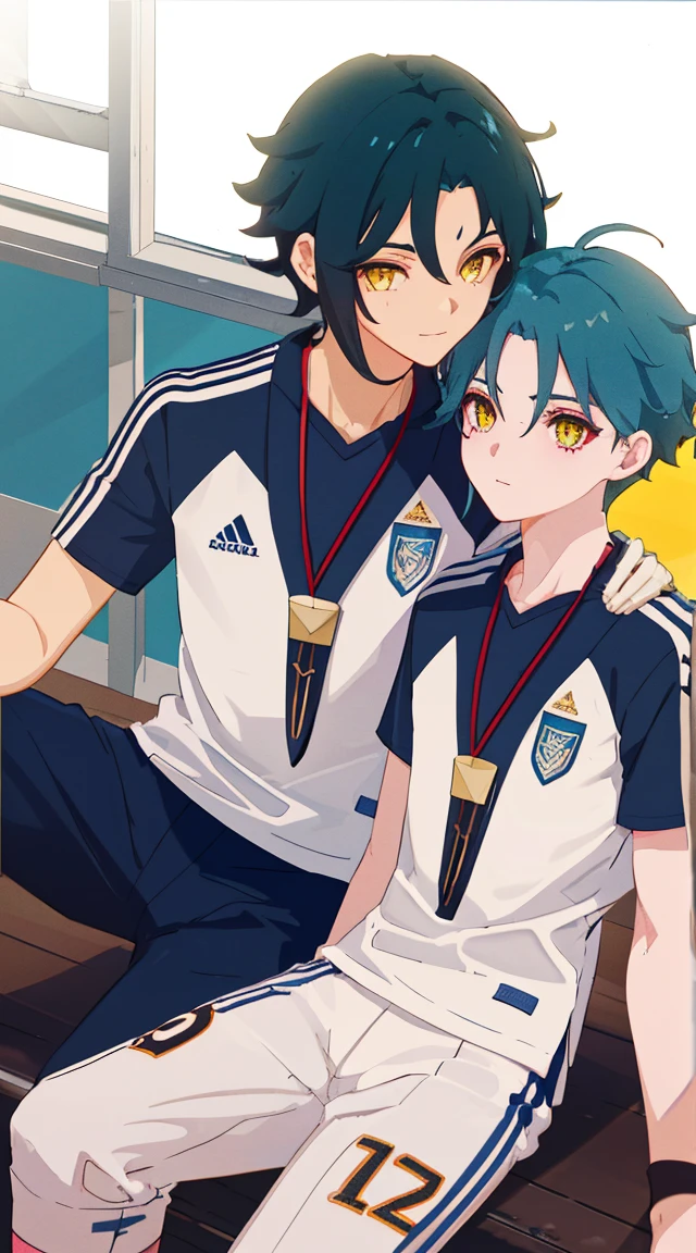 2 boys,dark green hair,highest quality,masterpiece,excessive,male focus,yellow eyes,beautiful eyes,beautiful boy,School,between men,Spouse,soccer club members,Blue soccer uniform,soccer,high school,soccer uniform,blue clothes,soccer court,teammates,same clothes,shoulder to shoulder,feminine,good friend,best image quality,