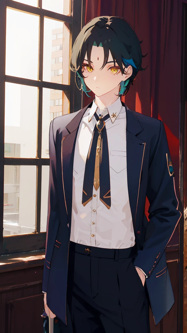 1 boy,dark green hair,highest quality,masterpiece,Excessive,male focus,yellow eyes,beautiful eyes,beautiful boy,student,cutter shirt,cardigan,