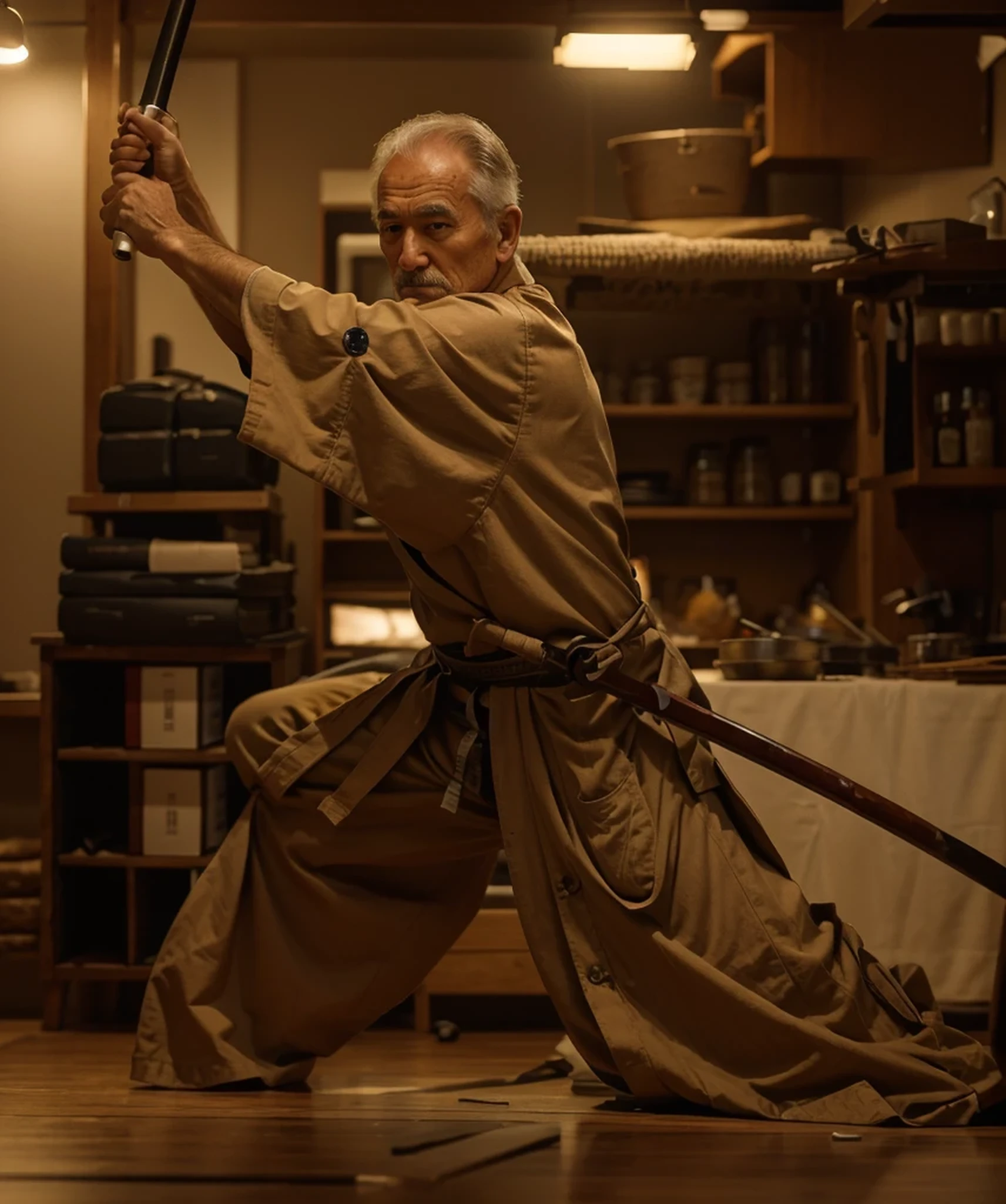 male kendo master in fighting position, wearing a beige traditional kendo suit, old man's Japanese face, he carries a wooden katana, is in a high-tech laboratory, 4k, Ultra detailed image, realistic, Highly detailed, perfect composition , splendid, Intricately detailed, Incredibly detailed, 8 k artistic photography, hyper detailed, Masterpiece, Ultra detailed, Hyperrealistic, 4k, Ultra detailed image, realistic, Highly detailed, perfect composition, splendid, Intricately detailed, Incredibly detailed, 8K fine art photography, hyper detailed, Masterpiece