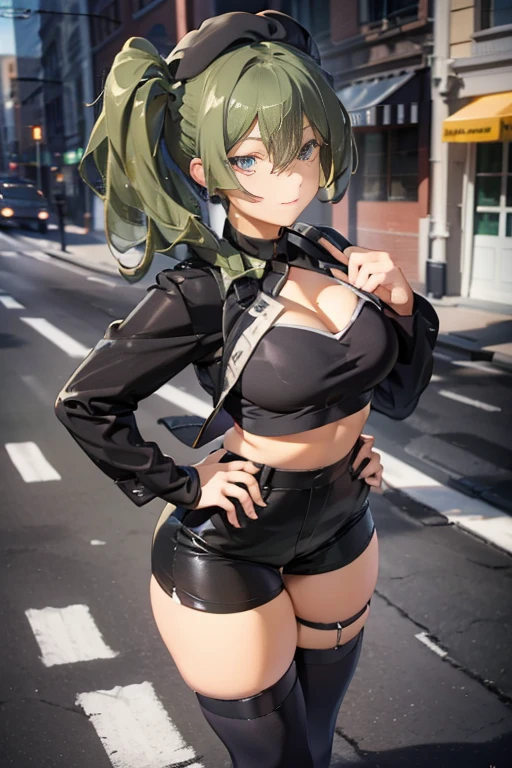 ubel,dark green hair,long hair,side ponytail,hair between eyes,bangs, BREAK (beret, black jacket, open clothes, cleavage, midriff, black shorts, black thighhighs, thigh strap, fingerless gloves, single glove:1.2) BREAK blurry background, BREAK pose, hand on hip, BREAK (masterpiece:1.2), best quality, high resolution, unity 8k wallpaper, (illustration:0.8), (beautiful detailed eyes:1.6), extremely detailed face, perfect lighting, extremely detailed CG, (perfect hands, perfect anatomy),