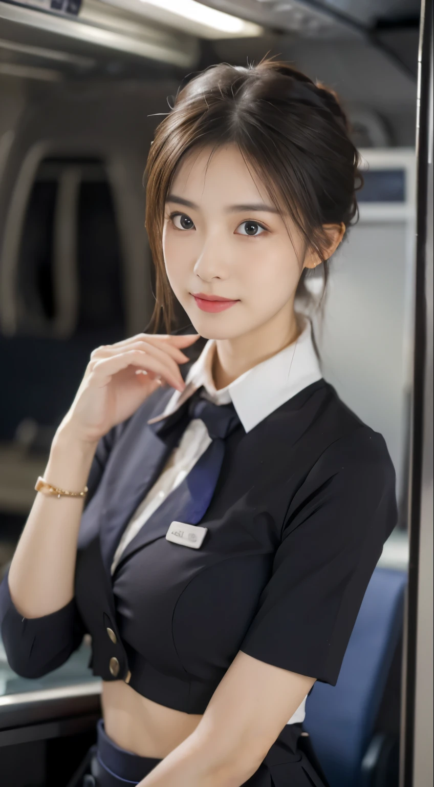 ((top quality, 8 thousand, table top: 1.3, RAW photos)), sharp focus: 1.2, (1 aespa girl :1.1), alone, (realistic, realistic: 1.37), (face focus: 1.1), Cute face, overly detailed face, tie her hair in a bun, small smile, big bust, flat chest, (flight attendant uniform: 1.2), standing, femur, Showing no chiffon panties, Octopus House, terminal