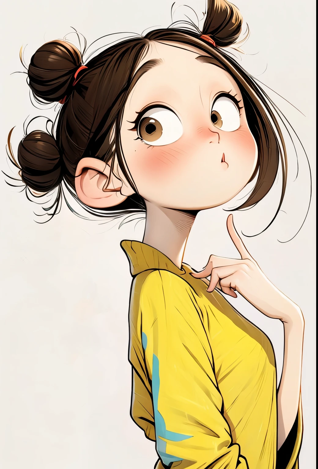 (masterpiece, best quality:1.2), The art of math，cartoonish character design。1 girl, alone，big eyes，Cute expression，1 bun，Lemon yellow loose sweater，hand，avatar，portrait，interesting，interesting，clean lines，Human anatomy is correct
