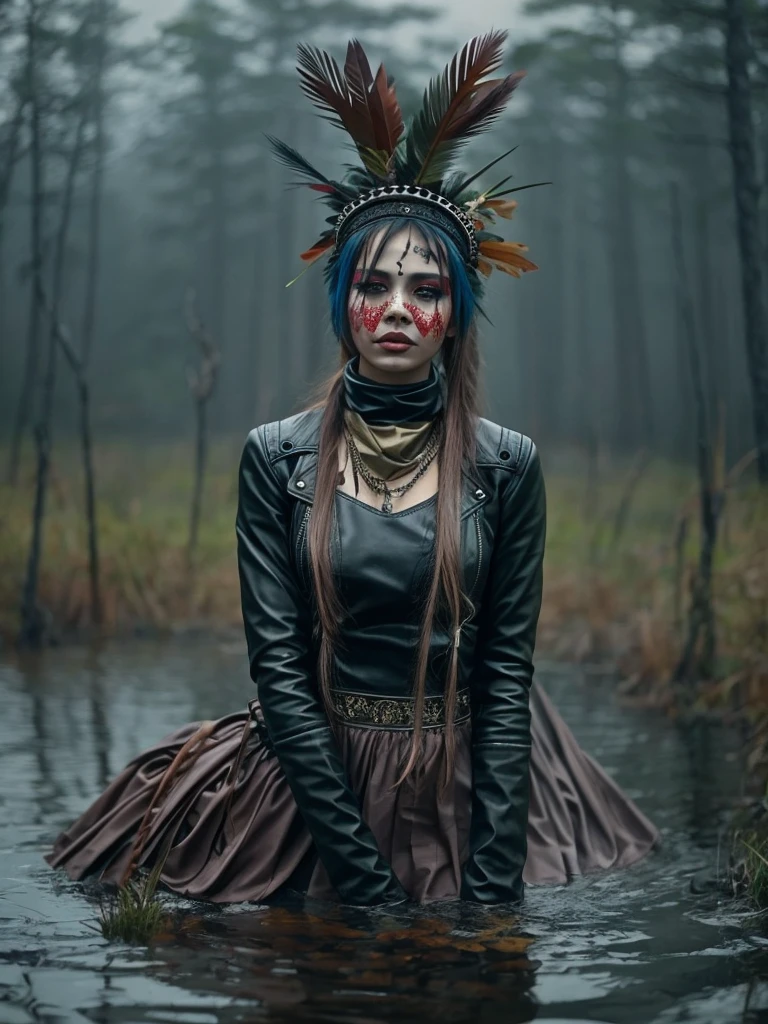 female drowns in the middle of the bog.(tortured by lust),(gloomy ecstasy),headdress,traditional indigenous accessories, skirt,Stockings with garters,(leather jacket),(turtleneck),