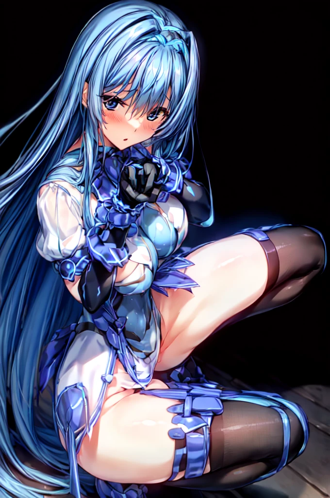 masterpiece, highest quality, realistic, beautiful lighting, 1 girl, bangs, black background, squat, blue and white costume,