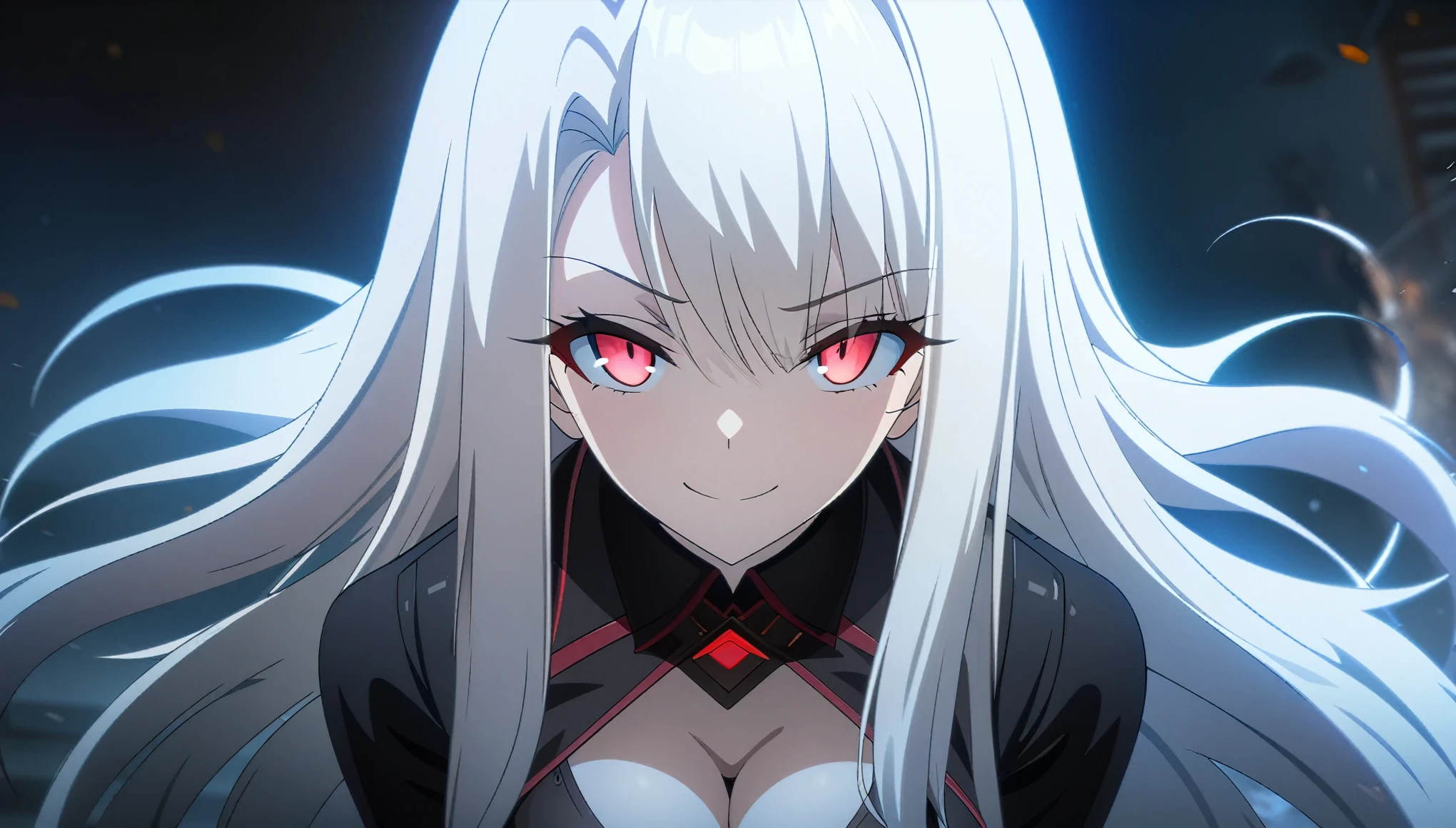 ((masterpiece, best)), (1girl), (mature woman),white hair, open-chest seduction, flared, bangs, medium breasts, (full), slim, smile, [wide hips], standing, aru  (blue file), 8K picture quality, sexy seduction, anime girl with long wavy silver hair and crimson red eyes, detailed digital anime art, stunning anime face portrait, from girls frontline, badass anime 8 k, anime art wallpaper 8 k, portrait gapmoe yandere grimdark, with glowing red eyes, fine details. girls frontline, anime style 4 k, girls frontline cg, 4k anime wallpaper, anime art wallpaper 4 k,