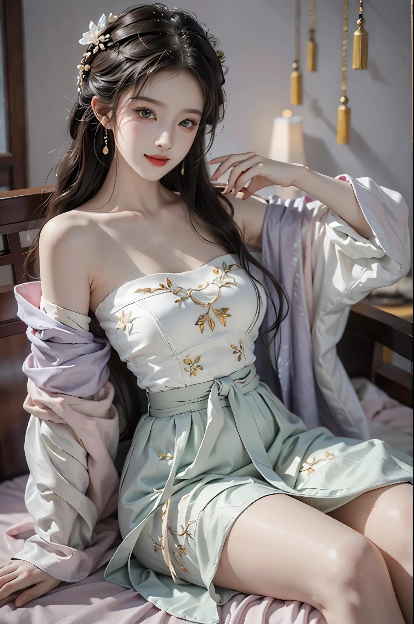 hanfu-song, hanfu, song theme, bandeau, tube top, fashion girl, liuyifei,masterpiece,best quality,official art,极其细致的CG统一8kwallpaper, ((full body)),((bare shoulders)), ((Very short skirt)), (high dynamic range:1.4), (cinematic), (pastel colors, dull color, soothing tone:1.3), (natural skin texture, Surrealism, soft light lighting, sharp),(The content is very detailed), professional lighting, radio city,((1个Giant Breast Girl，20 years old)), In the bedroom， cold light，best quality, many details, masterpiece, Super detailed, Enlightenment, Extremely delicate and beautiful girl, Beautiful and delicate eyes,8K_wallpaper,Beautiful and delicate girl, looking at the audience, messy hair, Big breasts, ((focus on breasts)),reclining on the sofa，Smile，sweet smile