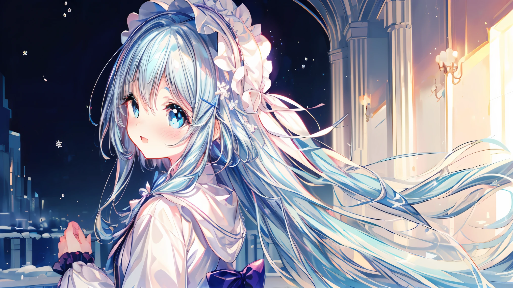 masterpiece, best quality, extremely detailed, (illustration, official art:1.1), 1 girl ,(((( light blue long hair)))), light blue hair, ,10 years old, long hair ((blush)) , cute face, big eyes, masterpiece, best quality,(((((a very delicate and beautiful girl))))),Amazing,beautiful detailed eyes,blunt bangs((((little delicate girl)))),tareme(true beautiful:1.2), sense of depth,dynamic angle,affectionate smile, (true beautiful:1.2),,(tiny 1girl model:1.2),(flat chest)), Soft Focus ,((ultra-detailliert:1.2))、(The best lighting、Best Shadows、extremely delicate and beautiful)、(the Extremely Detailed CG Unity 8K Wallpapers、​masterpiece、best qualtiy、ultra-detailliert)、(The best lighting、Best Shadows、extremely delicate and beautiful)、(the perfect body:1.5)、Best Quality, (Illustration:1.2), (Ultra-detailed), hyperdetails, (delicate detailed), (Intricate detailasutepiece, Highest Quality, (Perfect face:1.1), (high detailing:1.1), (ultradetailed eyes), Dramatic, superfine illustration, Extremely detailed, 1girl in, (pale skin),Ethereal eyes, Blue eyes,tareme, (light eyebrow),blush,Solo,Smile, Happy, Laugh, Enjoy, Open mouth, Pouty lips,Cinematic lighting, Looking at Viewer,Cowboy Shot,Winters,Snow,Long sleeve, Gothic lolita, frilld, bow ribbon,Head dress, knee high socks,Room,from back