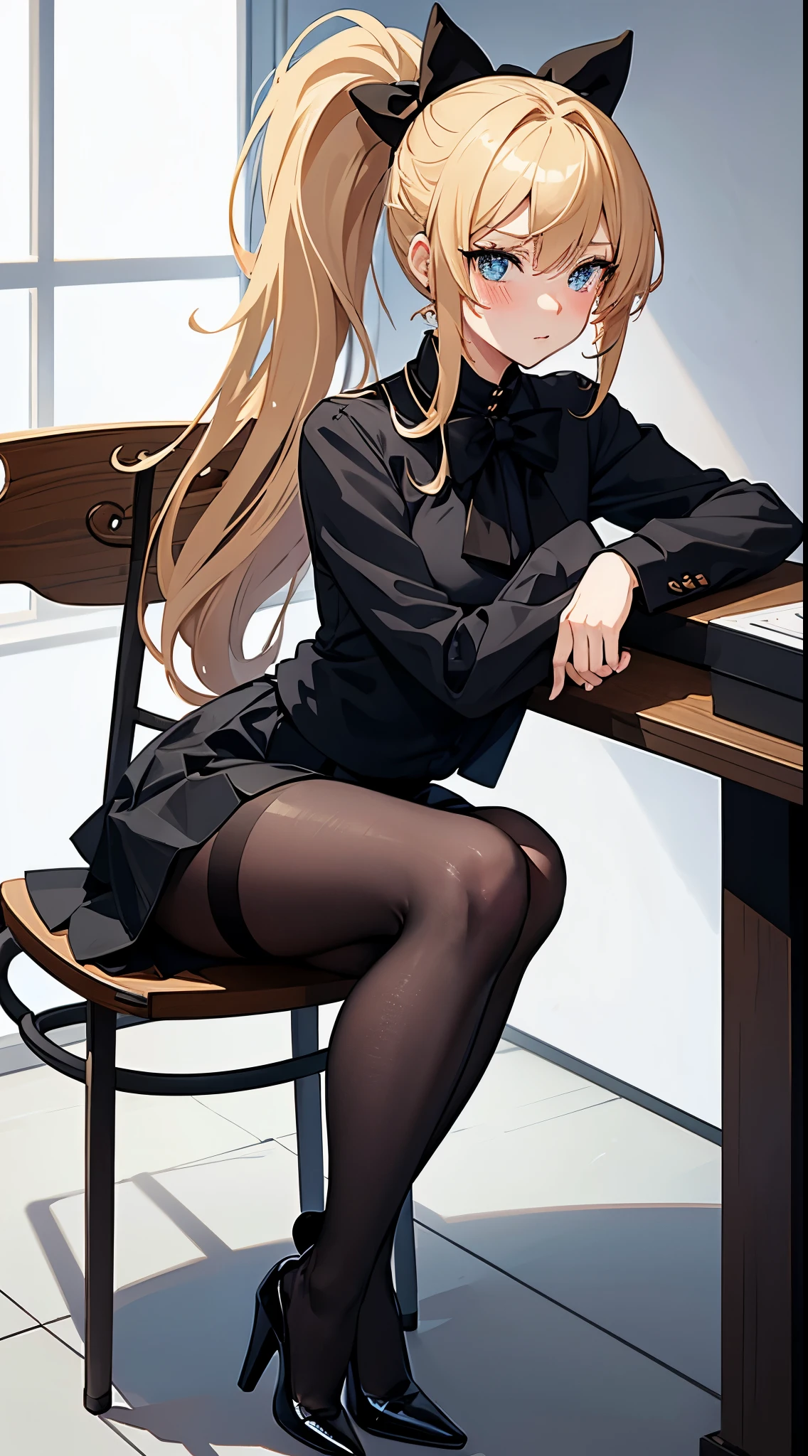 anime woman with blondish hair in a ponytail wearing a small black bow, a black skirt, pantyhose and high heel boots, sitting on a chair, blushing