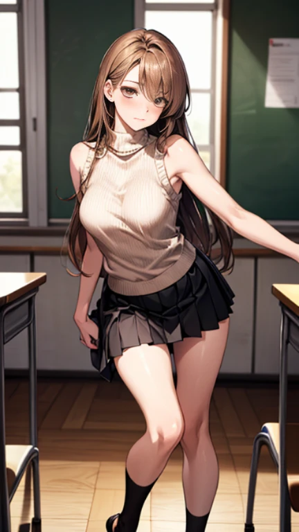 8K,(masterpiece:1.2, highest quality), realistic, detailed eyes,beautiful anime woman, (natural lighting), NSFW:1.0, (looking at the camera), (full body, Front view), (panty shot), 1 girl, Japanese,22 years old, female teacher,Slender body type,well-shaped chest, perfect face, Cute symmetrical face, shiny skin, (long hair, straight hair, light brown hair), asymmetrical bangs, (gold eyes), long eyelash, (medium breasts), thin, beautiful hair, beautiful face, (detailed and beautiful eyes), beautiful clavicle, beautiful body, beautiful breasts, beautiful thighs, beautiful feet, beautiful fingers, lace panties, ((Brown sleeveless high neck sweater, black tight mini skirt)),((no pleats skirt)), (beautiful scenery), evening, (school classroom), Are standing,Wearing black high heels, (embarrassing, upper eye, close your mouth),
