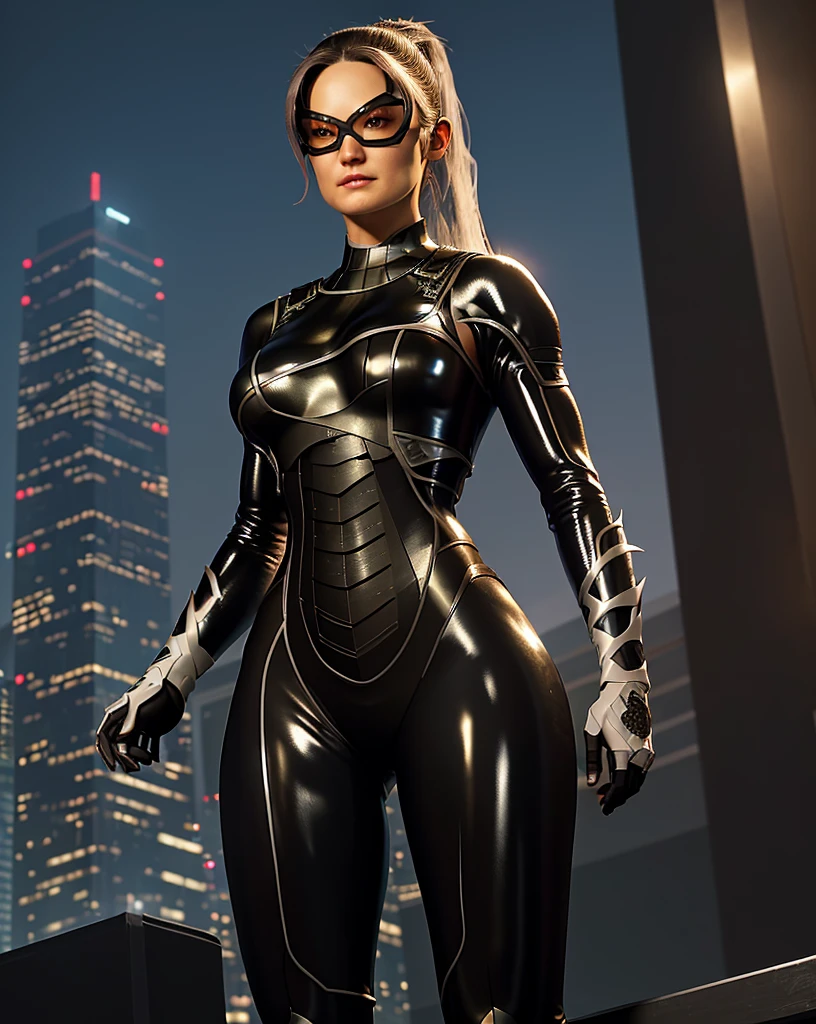 at night, skyscrapers, on rooptop,
feliciacat, Minka Kelly  , full body photo, jump,attack, dynamic pose,
mask , serious, long hair,  white ponytail, black bodysuit , perfect body,
shiny latex texture, skintight,
huge breast, (extremely narrow waist:1.3), wide pelvic,big hip, thigh,calf, highheels,
(realistic skin_details, sharp focus, eyes_focus, masterpiece,best quality,finely detailed,extremely detailed, realistic detail,clear_image,realistic, high_resolution,distinct_image:1.2)