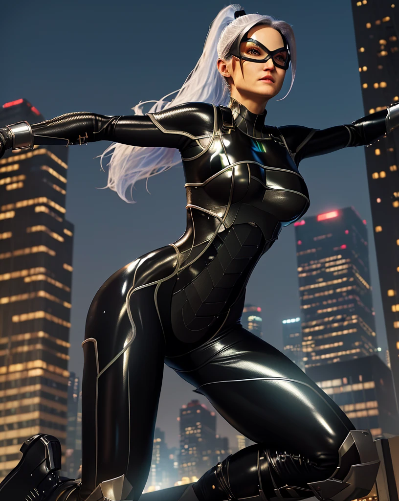 at night, skyscrapers, on rooptop,
feliciacat, Minka Kelly  , full body photo, jump,attack, dynamic pose,
mask , serious, long hair,  white ponytail, black bodysuit , perfect body,
shiny latex texture, skintight,
huge breast, (extremely narrow waist:1.3), wide pelvic,big hip, thigh,calf, highheels,
(realistic skin_details, sharp focus, eyes_focus, masterpiece,best quality,finely detailed,extremely detailed, realistic detail,clear_image,realistic, high_resolution,distinct_image:1.2)