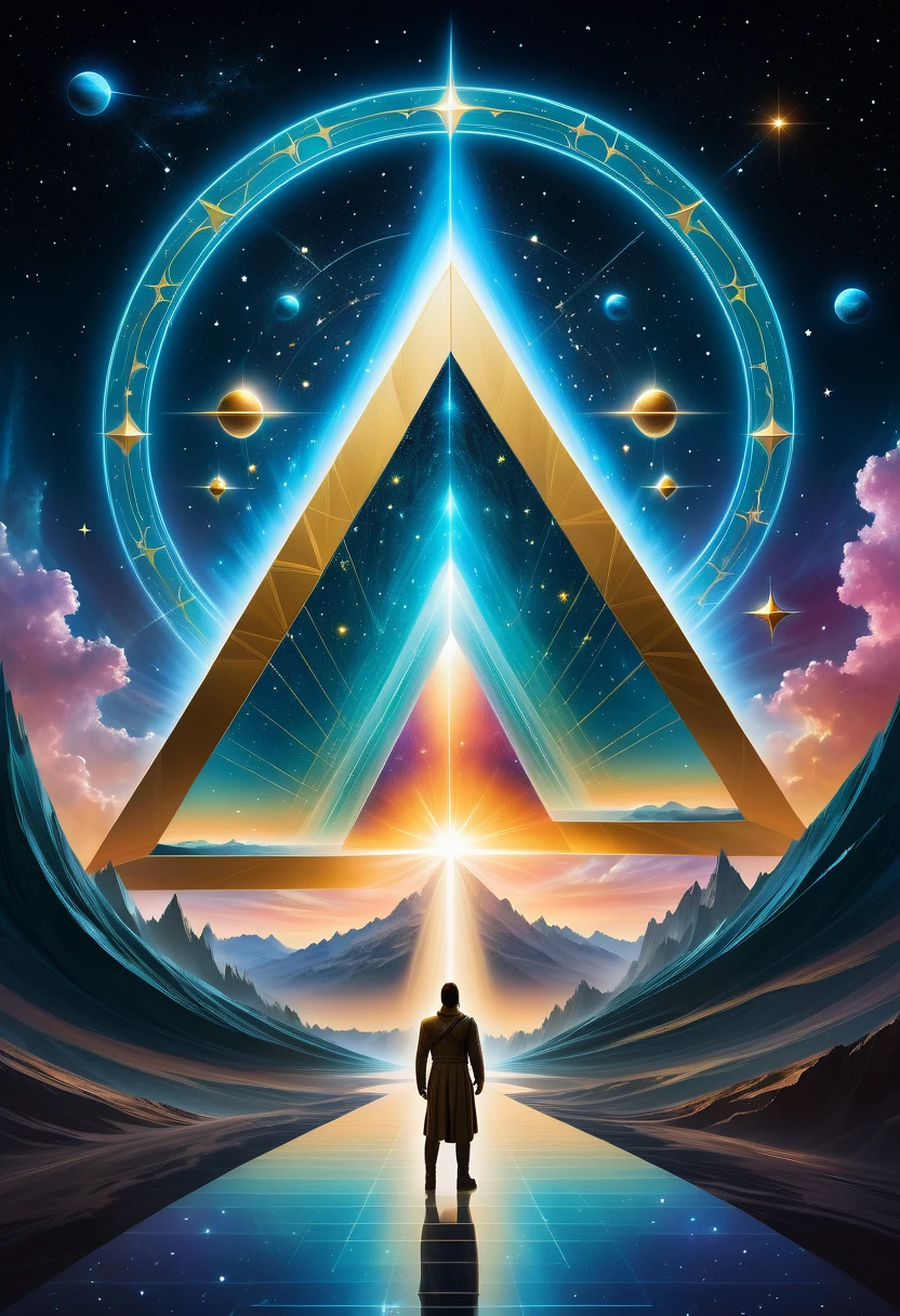 Giant triangle cybernetics，Magnificent cosmic starry sky background，Intricate illustration in surreal art style，surreal dream，Dubrec style，Transparent geometric shape close-up，（multiple exposure：1.8），A man standing at the entrance，Alphad&#39;s image with a star in the sky, Entering the ethereal realm, A gateway to another universe, The passage to the ethereal realm, artgem and beeple masterpiece, A stargate to another dimension, futuristic stargate, cosmic eye, Movie Bee, Jessica Rossier Fantasy Art