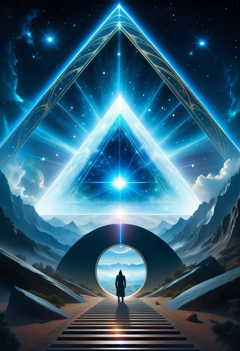 Giant triangle cybernetics，Magnificent cosmic starry sky background，Intricate illustration in surreal art style，surreal dream，Dubrec style，Transparent geometric shape close-up，（multiple exposure：1.8），A man standing at the entrance，Alphad&#39;s image with a star in the sky, Entering the ethereal realm, A gateway to another universe, The passage to the ethereal realm, artgem and beeple masterpiece, A stargate to another dimension, futuristic stargate, cosmic eye, Movie Bee, Jessica Rossier Fantasy Art