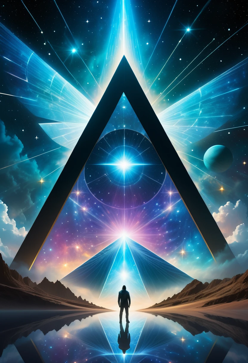 Giant triangle cybernetics，Magnificent cosmic starry sky background，Intricate illustration in surreal art style，surreal dream，Dubrec style，Transparent geometric shape close-up，（multiple exposure：1.8），A man standing at the entrance，Alphad&#39;s image with a star in the sky, Entering the ethereal realm, A gateway to another universe, The passage to the ethereal realm, artgem and beeple masterpiece, A stargate to another dimension, futuristic stargate, cosmic eye, Movie Bee, Jessica Rossier Fantasy Art