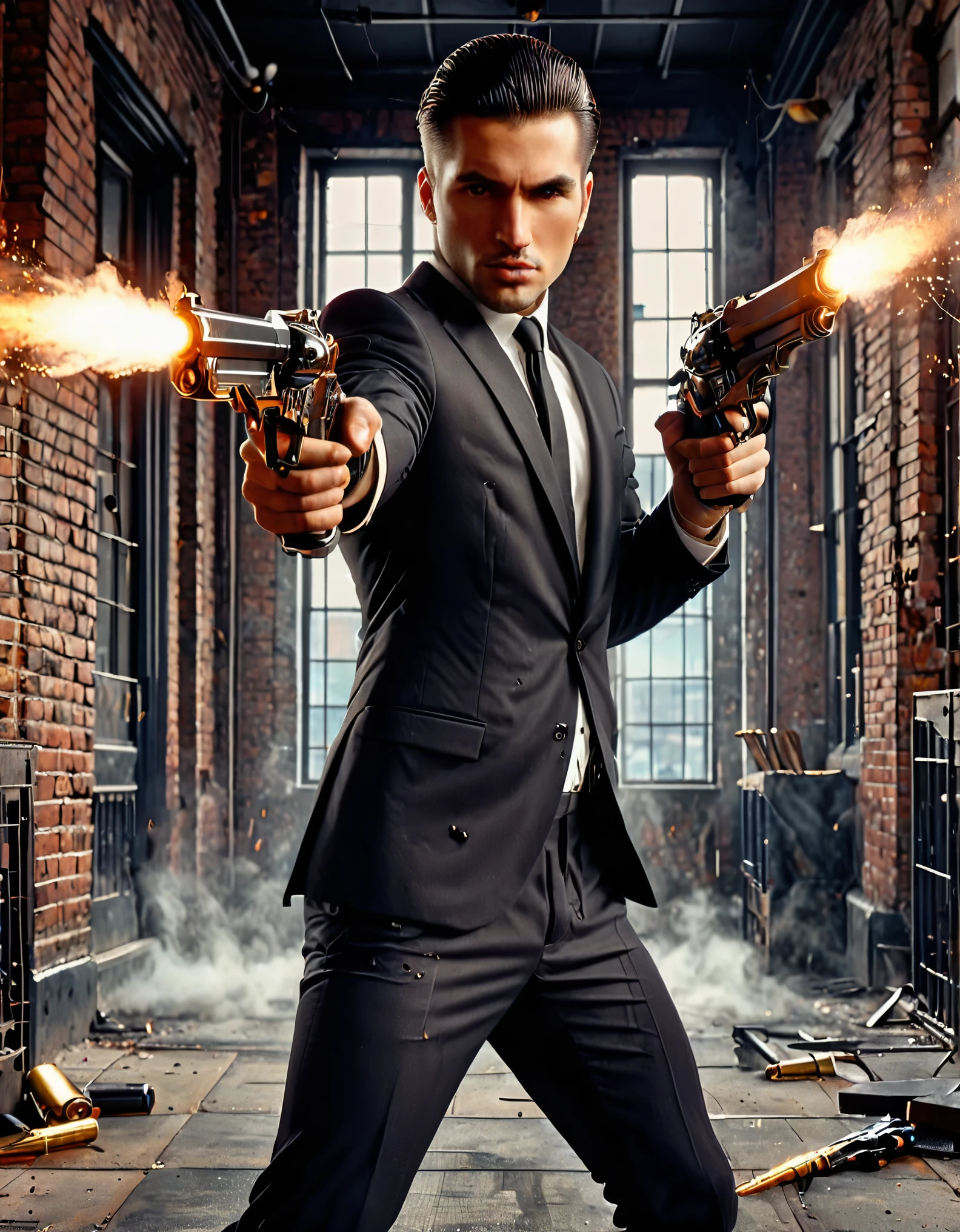 (best illumination, high contrast, sharp details), (a person:1.2+male) mobster, black suit and tie, white shirt, black slacks, black polished shoes, standing, dynamic action pose, holding dual pistols, muzzle flash, shell casings, gun smoke, bullet holes, aiming at viewer, black hair, brown hair, short hair, groomed hair, age 28, intense action, brooklyn, high-end apartment backdrop, vivid colors, high saturation, dramatic shadows.