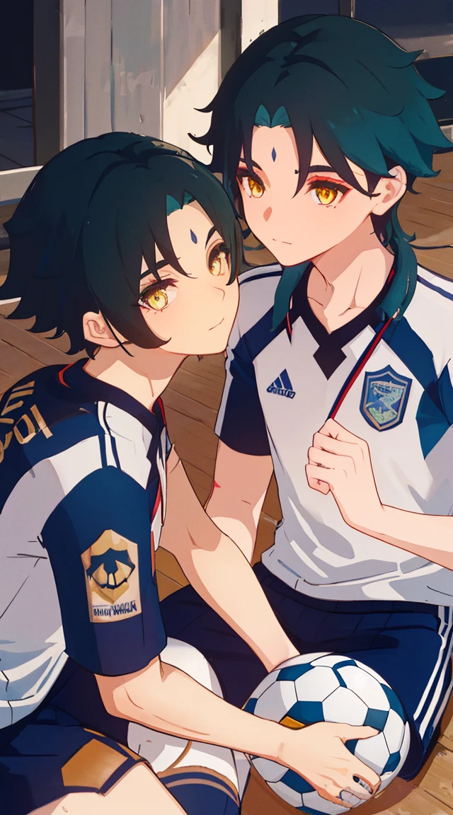 2 boys,dark green hair,highest quality,masterpiece,excessive,male focus,yellow eyes,beautiful eyes,beautiful boy,School,between men,Spouse,soccer club members,Blue soccer uniform,soccer,high school,soccer uniform,blue clothes,soccer court,teammates,same clothes,shoulder to shoulder,feminine,good friend,best image quality,