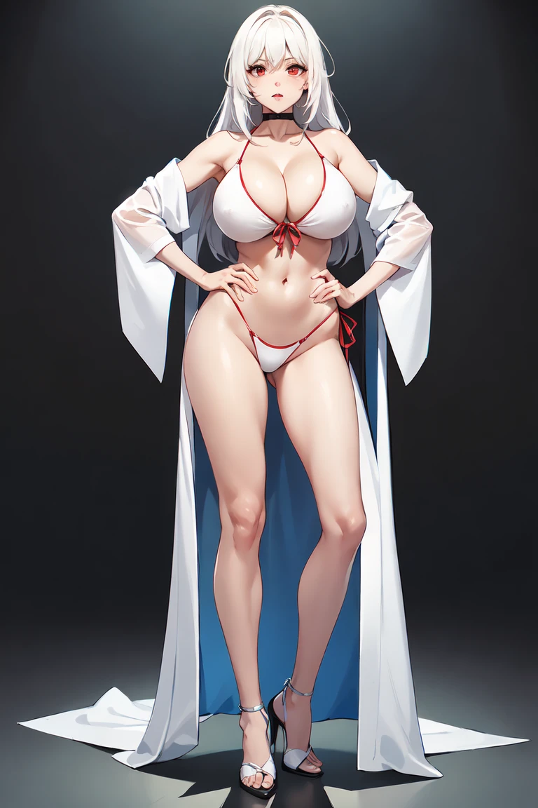 (best quality,Unparalleled masterpiece:1.4),Ultra-detailed CG 4K,Gray long hair,Put your hands behind your head,Loose bikini,thong,High heel,huge big breasts,rendering,girl, alone, Women with bare,
adult, Mature, hands on hips, long white hair,Red eyes white hanfu,Sagging), huge cleavage,breasts too big,Nipple presentation,huge big breasts,squat on the ground